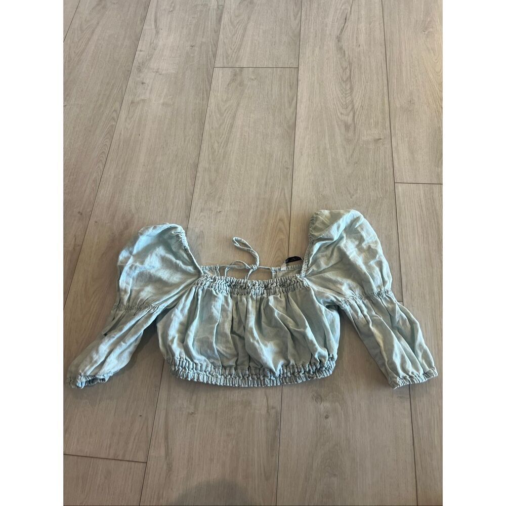 Zara Blue Denim puff sleeve cut out Crop top size xs